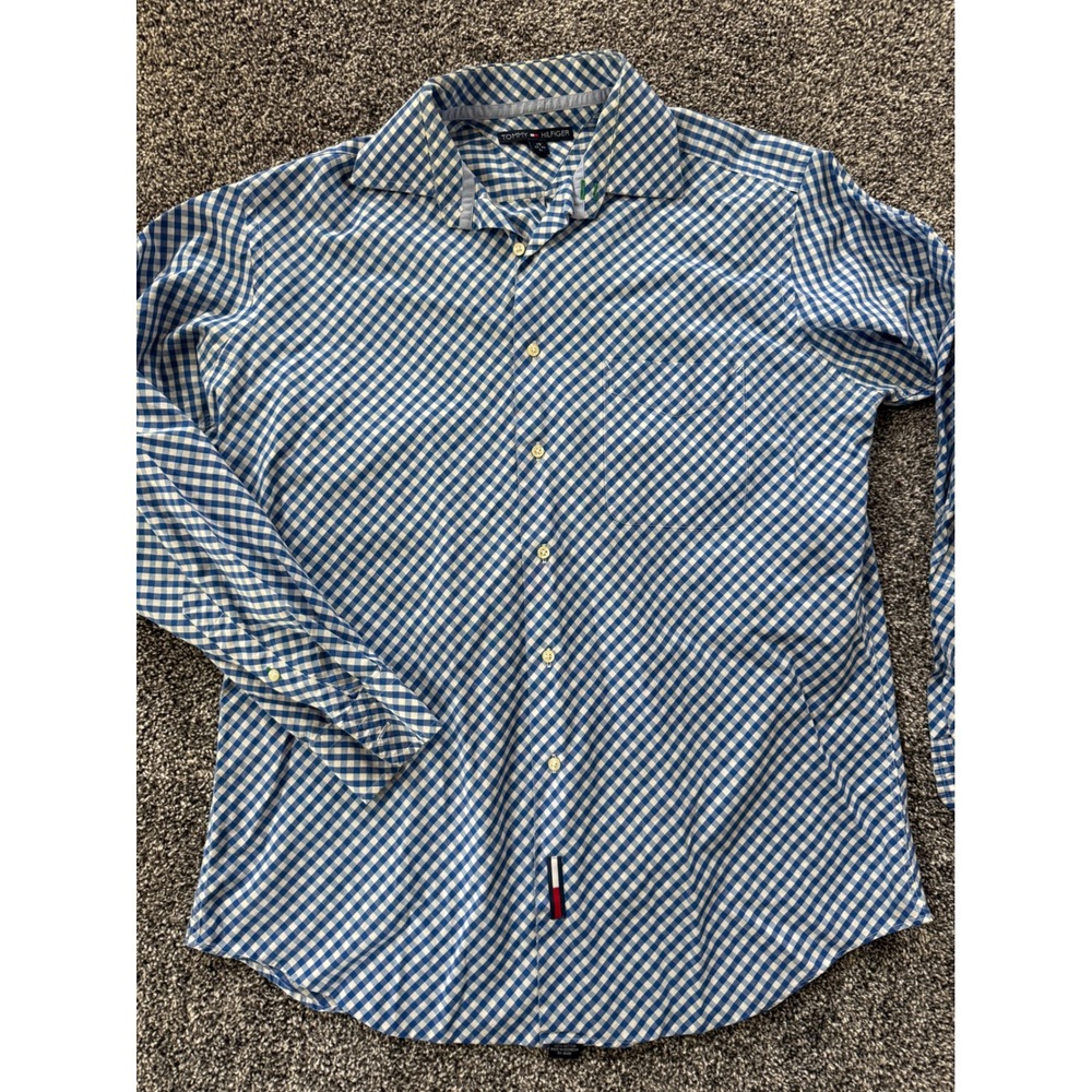 Tommy Hilfiger Mens Blue White Gingham Check Button Down Shirt L 16 34-35